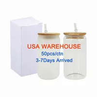USA Warehouse Sublimation Glass Beer Mugs With Bamboo Lid Straw Diy Blanks Frosted Clear Can Tumblers Cups Heat Transfer Cocktail Iced Coffee Soda Whisky C0718