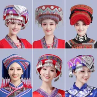 Hmong Miao Dance Hat For Women Party Traditional Clothing Hats With Tassel Accessories Festival Performance Headwear Vintage Headdress