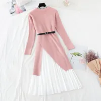 Work Dresses Autumn Winter 2 Piece Set Knitted Dress Women 2022 Vintage Long Sleeve Sweater Pullover And Sweet Tank Pleated Midi