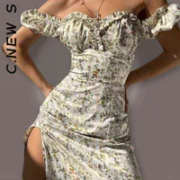 新しい女性ドレスシンプルなスリムなセクシーなドレスフローラルオフショルダーパフスリーブマキシドレスソフトメスドレス印刷された女性ベスティドスT220816