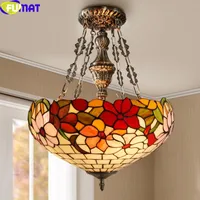 FUMAT Camellia Pendant Lamp Anti Chandeliers Tiffany Pastoralism Style Art Decor Stained Glass Remote Control Dimming LED Light