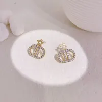 Diamond Luxury Stud Earrings Vintage Trendy Jewelry Stars English Letter Copper Gifts For Women Teen Girls Gold Plated Creative Retro Anti Allergy Cubic Zirconia