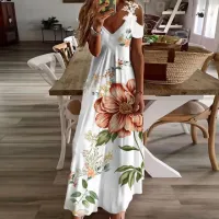 2022 Summer Boho Robes longues Femmes Sexy V Neck Hollow Out manches courtes Maxi Robes Femelle Femelle Floral Pleach Robe Robe