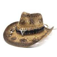 Berets Boho Western Cowboyhut mit geflochtenem Longhorn Hatband Sommer Sombrero Hombre Chapeau Cowgirl Straw Cap Outdoor Jazz Beach Sunhatberet