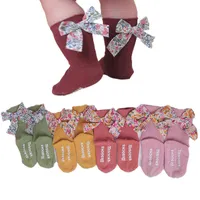 Floral Bow Back Design Design recém -nascido Girls Socks Solid Color Stripe Baby Kids Knee High Socks Longo para Girls Boots Socks J220622