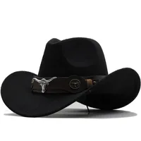 Wome Men Black Wool Chapeu Western Cowboy Hat Gentleman Jazz Sombrero Hombre Cap Dad Cowgirl Hats Size 56-58cm 220812