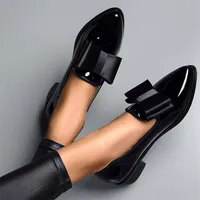 Women&#039;s patent leather bow tie loafers low heels pointed toe Andthick heel