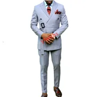 Handsome Double-Breasted Groom Tuxedos Peak Lapel Groomsmen Man Suit Mens Wedding/Prom/Dinner Suits Bridegroom Jacket Pants Tie B209