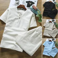 Linen Short sleeved T shirt Shorts 2Pcs Men Cotton Causal Suit For Male Summer Spring Autumn 220613