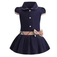 Baby girls dress kids lapel college wind bowknot short sleeve pleated polo shirt skirt children casual designer clothing kids clot229D