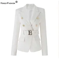 Harleyfashion New Designs Designs Women White Texture Blazer com Belt Chic de qualidade popular Casaco Bodycon