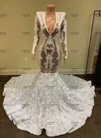 Vit 3D Rose Flower Train Prom Klänningar med långärmad spets Applique långärmad sjöjungfru Afrikansk Aso EBI Evening Reception Gown