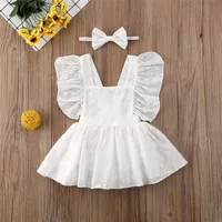 Pudcoco Born Bady Girl Clothes Solid Coloreseveless Flower Ruffle Romper Dress Headband 2PCS Outfits Cotton Clothes set 220608