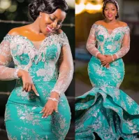 2022 Teal Blue Plus Size Evening Dresses Mermaid with Long Sleeves Tiered Satin Lace Chakendique Off the Counter Leeng