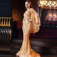 Serene hill gold plus size sereia elegante vestidos de noite luxo 2021 prolas miangas com capa para festa feminina la70738212N