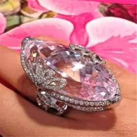 클러스터 반지 Moda Mujer Love for Women Wedding Gift Silver Large Pink Stone Ring Luxury Jewelry Bague Femme Girl Anillos O5/x776 Edwi22