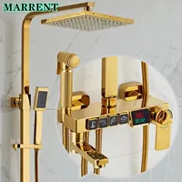 ゴールドデジタルシャワーセット品質真鍮露出サーモスタットバスルームのシャワーシステム壁掛けホットコールドLED温度表示浴槽ミキサー蛇口