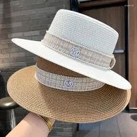 Wide Brim Hats Women Summer Simple Flat Top Sun Hat Outdoor Beach Trips Straw Panama Jazz Pearl Casquette Femme LuxeWide