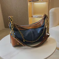 Korean version of small fresh women's bag denim canvas stitching contrast color chain 9A Top Quality new trend autumn one-shoulder portable underarm