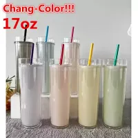 Nya 17 oz Chang-Color Acrylic Tumbler Cold PS Cups Travel Mugg dubbelväggvattenflaskor med lock och halm snabb leverans DD