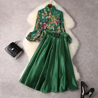 2022 Spring Summer Long Sleeve Lapel Neck Buttons Blouse High Waist Belted Mid-Calf Skirt Two Piece Suits 2 Pieces Set 22M043005
