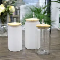 Süblimasyon Cam Bambu Kapaklı Bira Kupalar DIY Boşluklar Buzlu Temizle olabilir Tumbllers Bardaklar Isı Transferi 15oz Kokteyl Buzlu Kahve Soda Viski