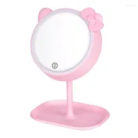 Kompakta speglar rosa kattmakeup spegel med led stående pekskärm fåfänga justerbar ljus skrivbord kosmetiska spegelkompakt
