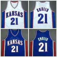 Nikivip goedkoop aangepaste retro joel embiid #21 Kansas Jayhawks basketball jersey heren allemaal gestikt wit blauw elke maat 2xs-5xl naam of nummer