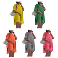 Kadınların Trailtsuits Fashion Sıradan Gevşek Kısa Kollu Düz Renk Kadın Kıyafet İki Parça Tunik Top Bodycon Şort Seti