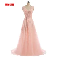 Fadistee vestido de festa słodka różowa koronka v szyja długa sukienka wieczorowa panna młoda impreza seksowna bez pleców koralików perły sukienki balowe koronkowe 220519