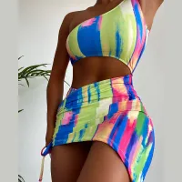 Colorful Asymmetrical Two-piece Swimsuit Sexy Color Print One Shoulder Bikini High Waist Cut Hollow Swimwear Biquini Summer Bathing Suit