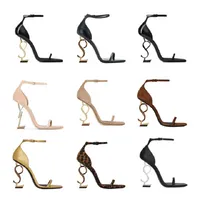 Дизайнерские сандалии Высокие каблуки Женщины открытые носки каблуки ступеньки классические металлические буквы сандалии опять модные стилисты обувь с коробкой 35-41