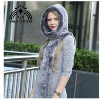 Berets Knitted Real Rex Fur Hat Hooded Scarf Women Fashion Hand Made Winter Warm Natural With Neck Scarves