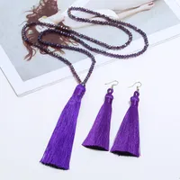 Fashion Long Crystal Necklace Jewelry Set Beaded Necklaces Handmade Thread Silk Fabric Tassel Drop Dangle Earrings For Women