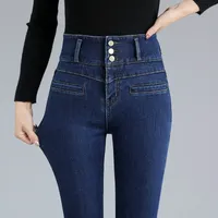 Damen Super High Taille Sexy Skinny Jeans Winter Retro Blau schwarz dicke elastische Denimbleistifthose 220526