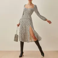 Casual klänningar för kvinnor 2022 Kläder älskling hals sida slits sexig midi klänning elegant vintage tryck vårens höst långärmad