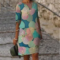 Kadınlar Zarif Çiçek Baskı Elbise Yaz Yarım Kollu Diz Uzunlukta Günlük Ofis Plaj Elbiseleri Vestidos 220602