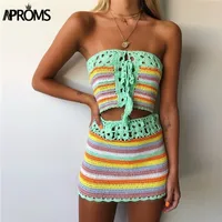 Aproms Colorful Striped Strapless Crochet Tube Crop Top and Skirt Summer Beach Women 2 Piece Set Dress Girls Bikini Beachwear 220318