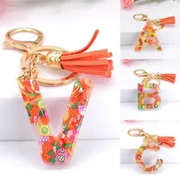 Keychains A-Z 26 Letters Keychain Bright Fruit Resin Charm Women Fashion Handtas Tassel Ornamenten Key Ring Chic Accessoires Gift Fred22