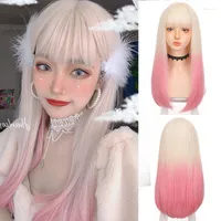 Syntetiska peruker houyan cosplay långt rakt hår peruk kvinnlig rosa vit gradient lolita slår svartblå dam tobi22