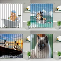 Creative Personality Fun Cat Shower Curtain Cute Animal Dog Badrumsgardin med krokar Badkar Dekor Vattentäta badskärmar 220429