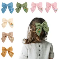 NOUVEAU 5 "Line Coton Hair Bow Hair Coil Clip Filles à broderie florale Bow Nylon Bande Baby Girl Girl Knotbow Hairpins Child