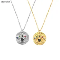 Andywen 925 Sterling Silver Gold Monedas de ojo colorido Collar colgante de la cadena larga Ojo de la suerte Luxury Fashion Fine Jewels 220702