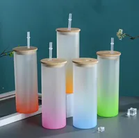 UPS Blanks sublimação vidro cola de vidro lata copo de cerveja fosca de refrigerante de refrigerante de palha com tampa de bambu Clear colorida