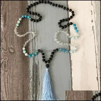 Kedjor halsband hängar smycken handknottade mala pärlor halsband a-quamarine med stor lava stenguru pärla och siden tasse dhsay