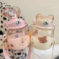 Cartoon bear plastic Water Bottles with straps for children&#039;s portable outdoor straw cup students cross drinking water bottle EE