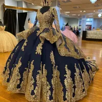 2022 Princess Navy Blue Quinceanera Dresses Long Sleeves Gold Applique Beading Sweet 16 Dress Prom Prom Pageant Gowns vesidos de 15 anos