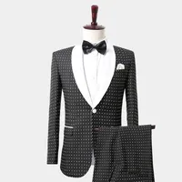 Fashion Gentleman Black & White Polka Dot Tuxedo Suit With Shawl Lapel Mens Suits Custom Made Wedding Tuxedos Jacket Pants Vest Sl286u