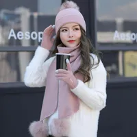 Berets 2022 Women Winter Hat Scarf Gloves 3pc Set High Quality Cashmere Fur Pompom Female Warm Knitted Scarves
