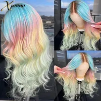 Lace Wigs Ombre Blue Human Hair Wig With Dark Roots Body Wave T Part Front Pink Rainbow Brazilian Frontal Kend22